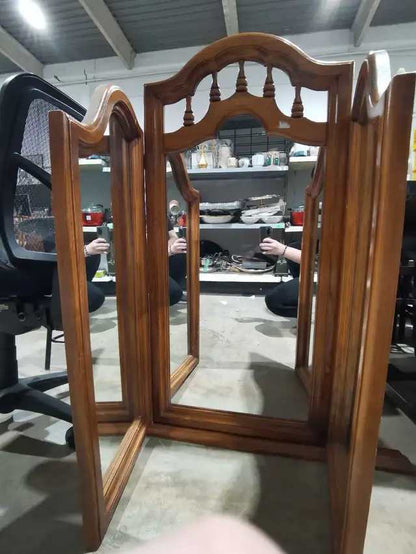 Trifold Wooden Tabletop Mirror