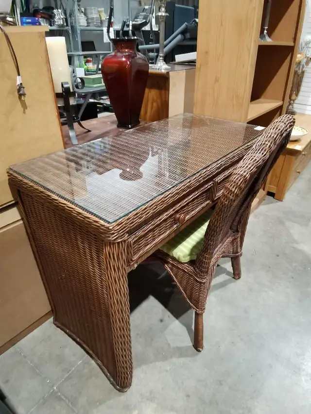 Wicker Rattan Vanity Desk with chair