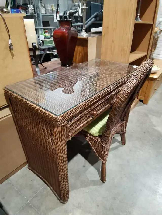 Wicker Rattan Vanity Desk with chair