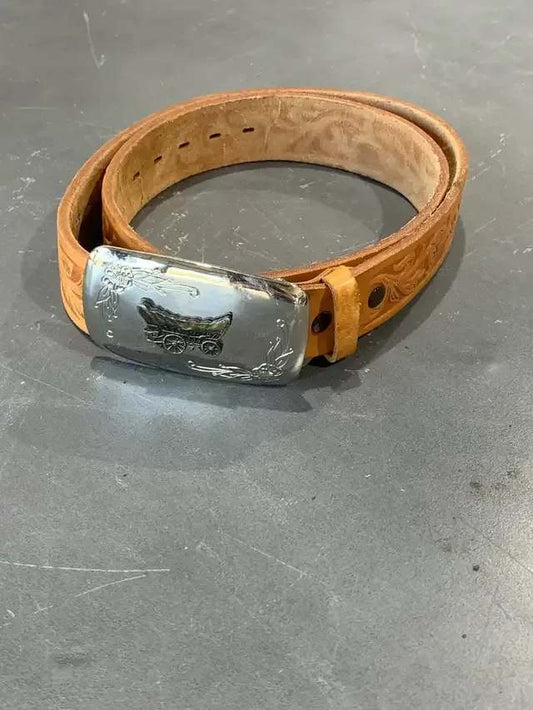 Western Leather Belt with Wagon Buckle - S/M
