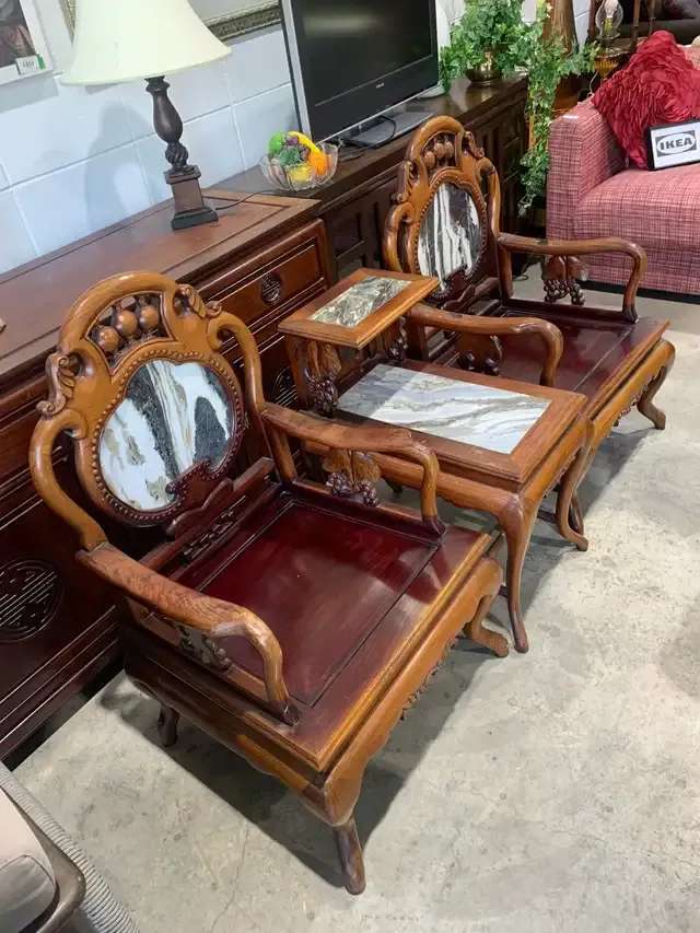 Vintage Chinese Marble Inlay Armchair Set