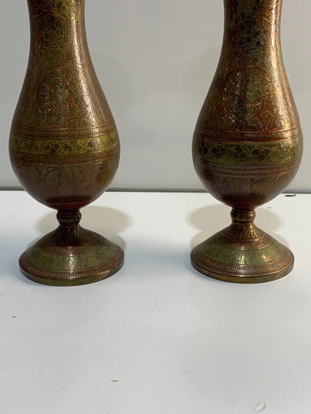 Pair of Vintage Bronze Asian Design Painted Vase