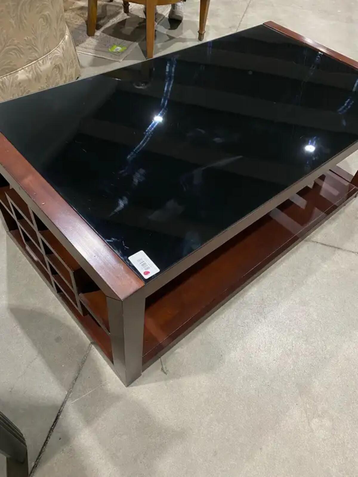 Wooden Black Glass Top Coffee Table with Geometric Design