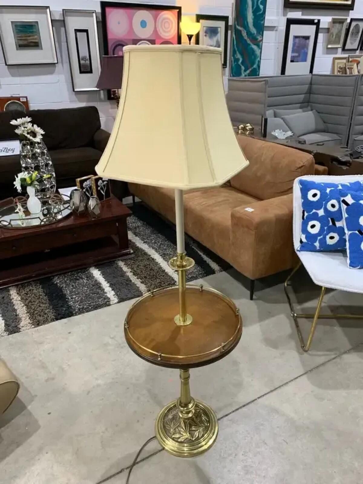 Vintage Floor Lamp with round wood shelf