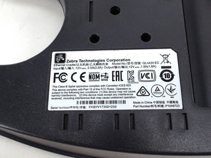 Zebra QLn420 Thermal Printer Ethernet Cradle W Original AC Adapter - No Printer