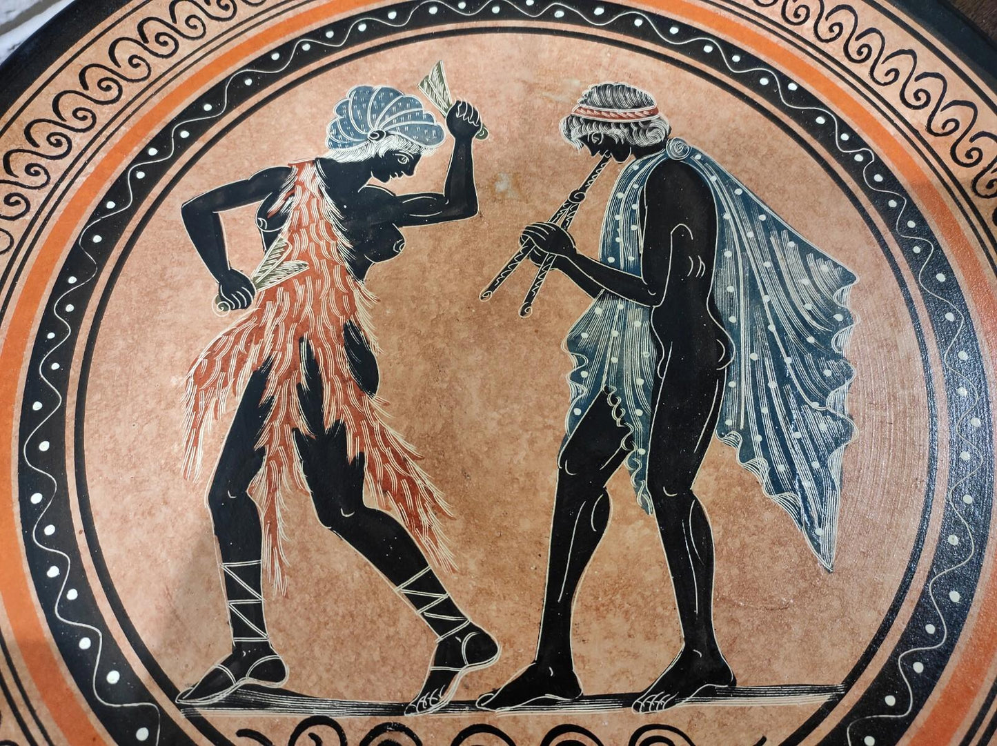 Vintage Red Clay Pottery Plate 13"W Hand-painted Music & Dance Made in Greece