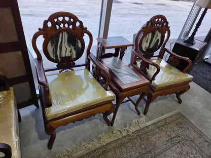 Chinese Carved Chairs and Table with Marble