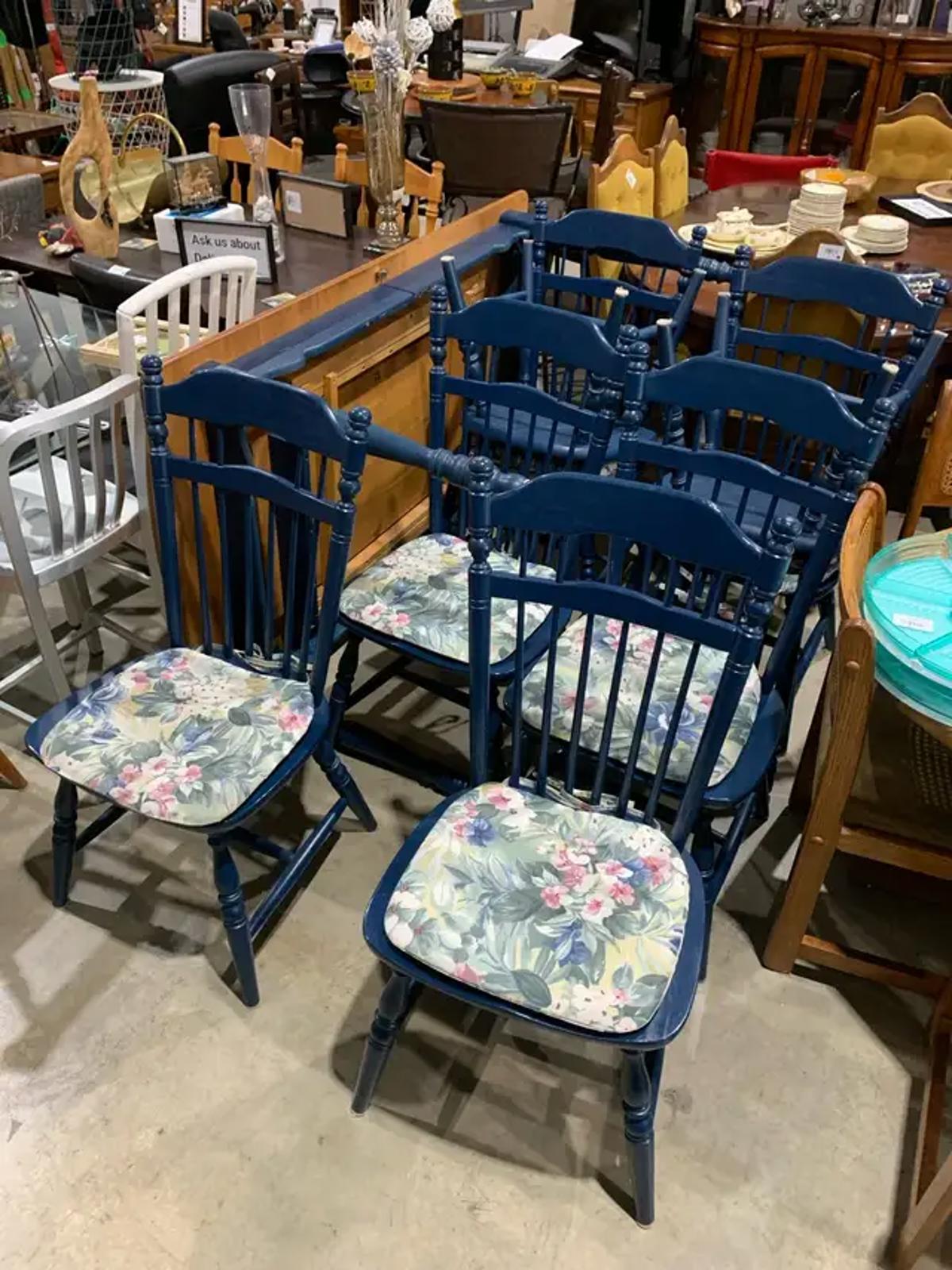 Large Wooden Dining Table and Navy Chairs (8)