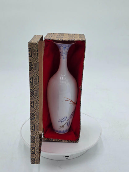 Chinese Eggshell Porcelain Vase Birds Flowers Calligraphy With Box