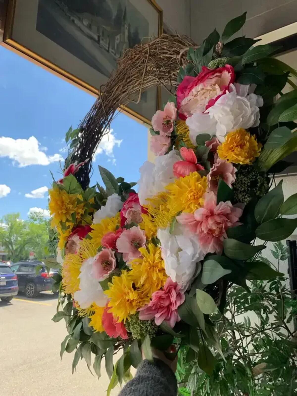 Pink, Yellow and White Floral Grapevine Wreath 40”