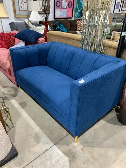 Blue Channel Tufted Sofa on Gold Chrome Feet