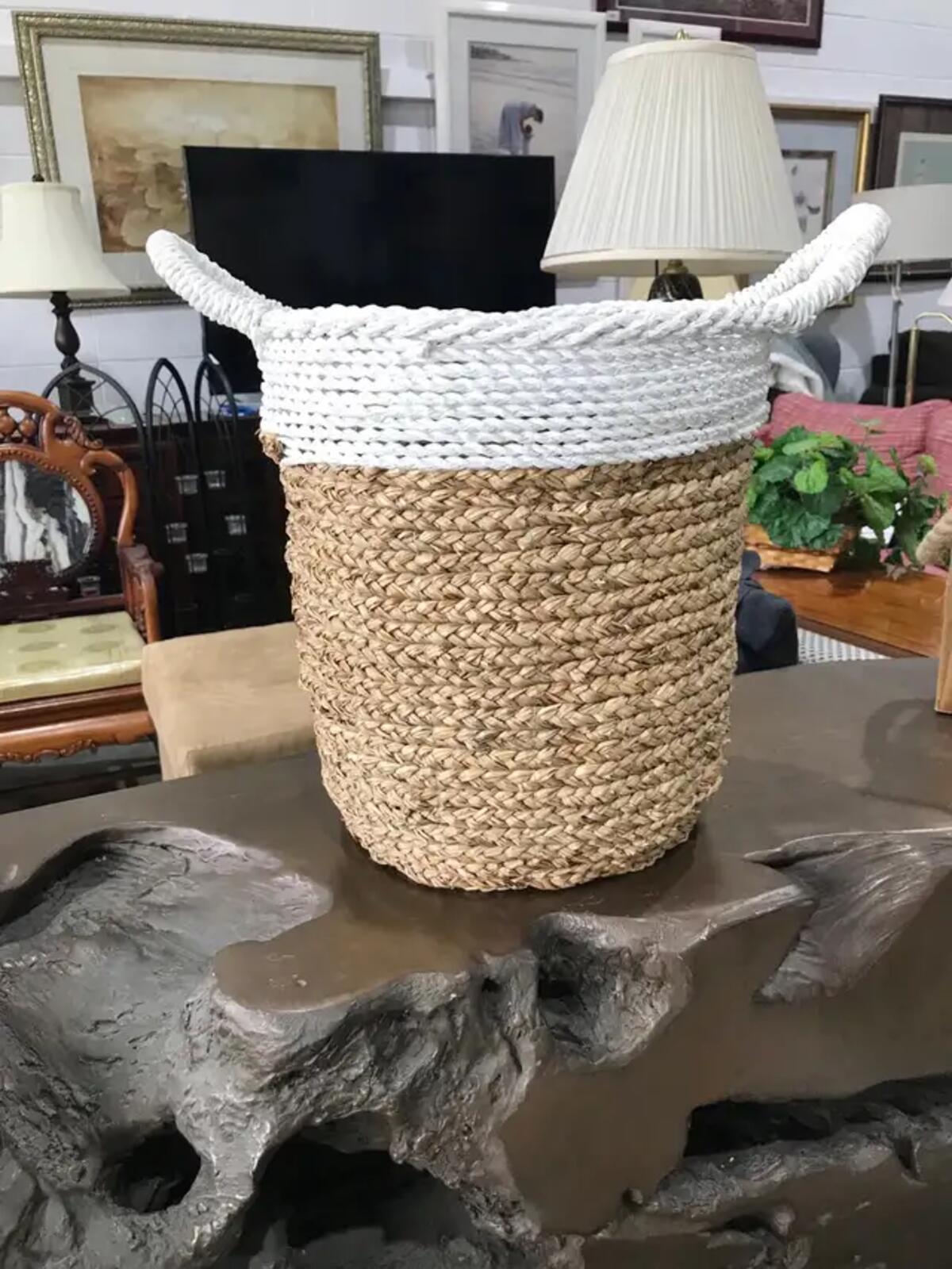 Woven Brown and White Seagrass Basket with Handles 10”