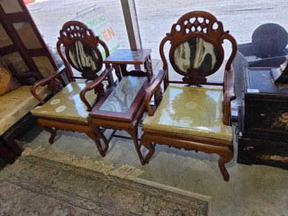 Chinese Carved Chairs and Table with Marble