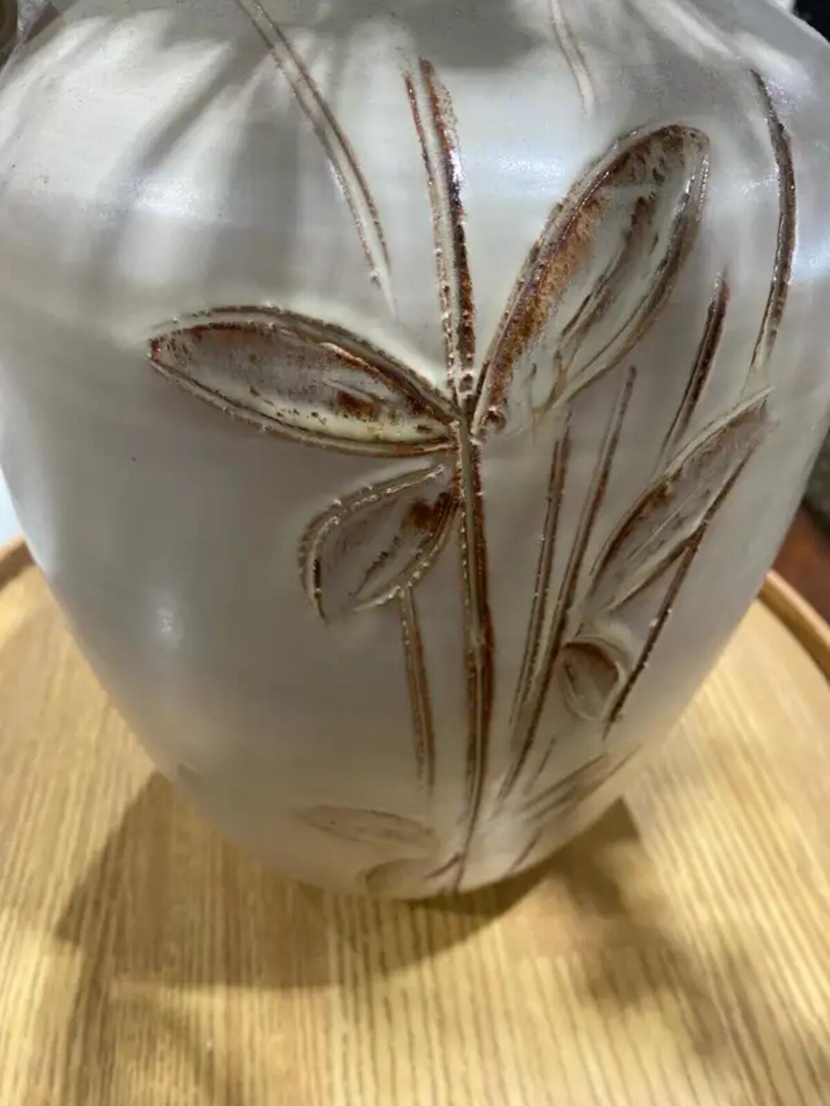 Mid-Century Modern Style Glazed Pottery Vase with Blue Flowers