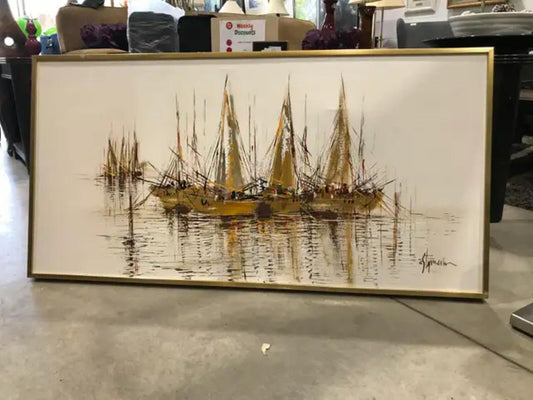 Large Gold Framed Boat Oil Painting