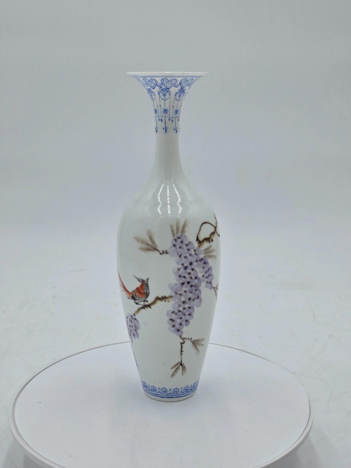 Chinese Eggshell Porcelain Vase Birds Flowers Calligraphy With Box