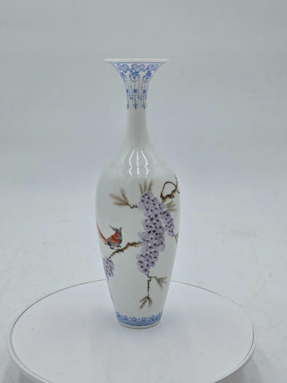 Chinese Eggshell Porcelain Vase Birds Flowers Calligraphy With Box