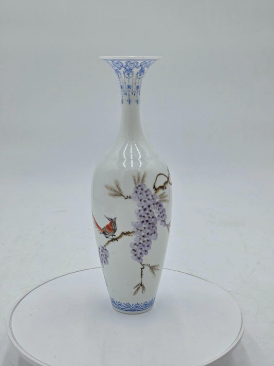 Chinese Eggshell Porcelain Vase Birds Flowers Calligraphy With Box
