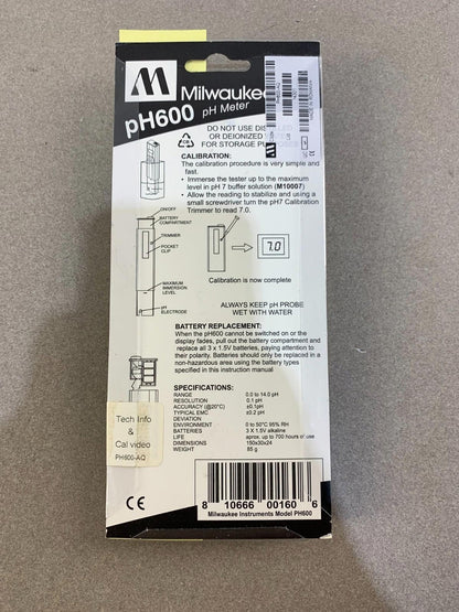 Milwaukee Instruments PH600 Digital Water pH Meter/Tester.