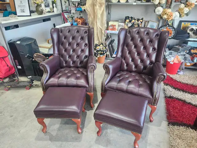 Faux Leather Wingback Chairs with Ottomans