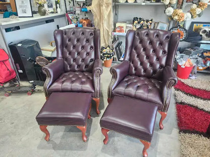 Faux Leather Wingback Chairs with Ottomans