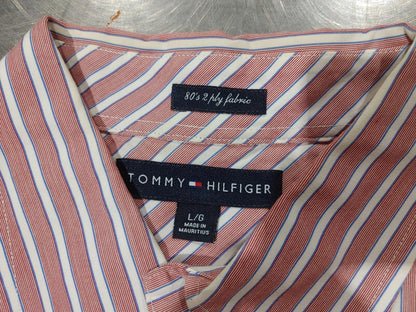 Excellent Condition Tommy Hilfiger Red Striped Button Shirt Size L 80's 2 ply