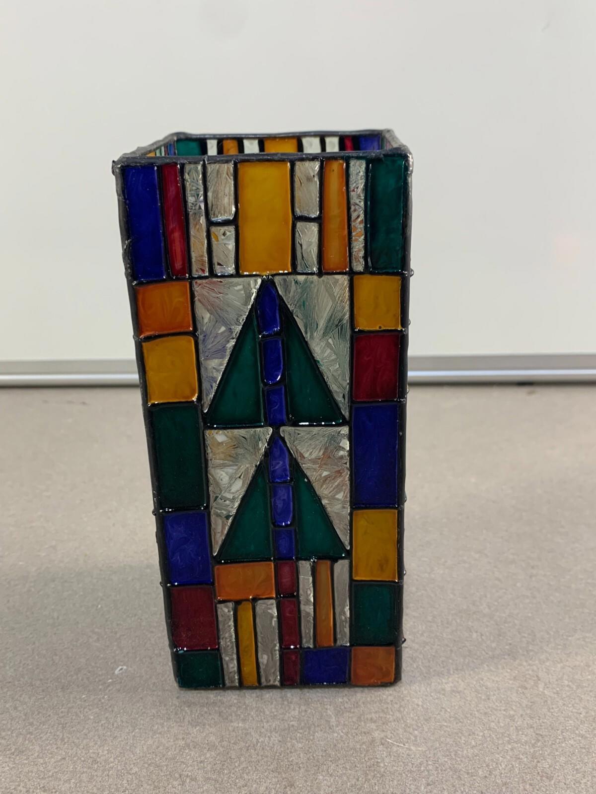VTG Stain Glass Style Painted Votive Holder in Geometric Design Red Green Blue