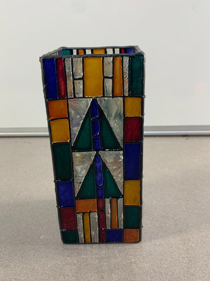 VTG Stain Glass Style Painted Votive Holder in Geometric Design Red Green Blue