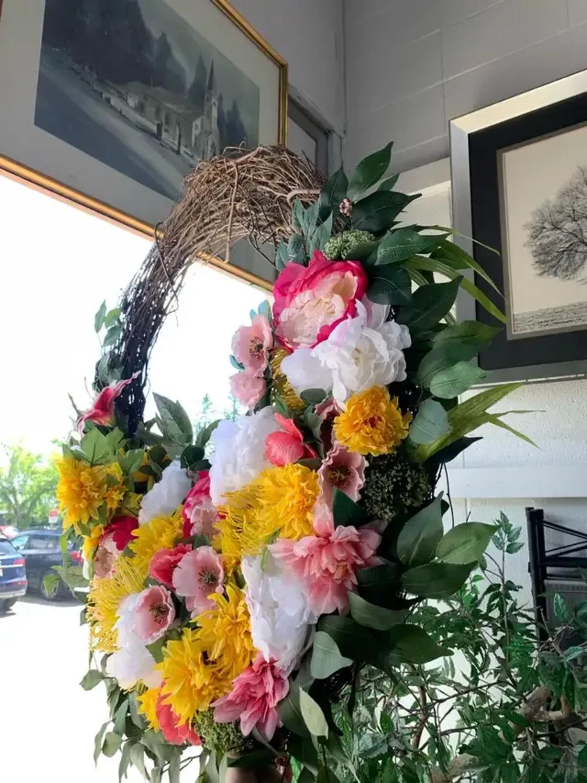 Pink, Yellow and White Floral Grapevine Wreath 40”