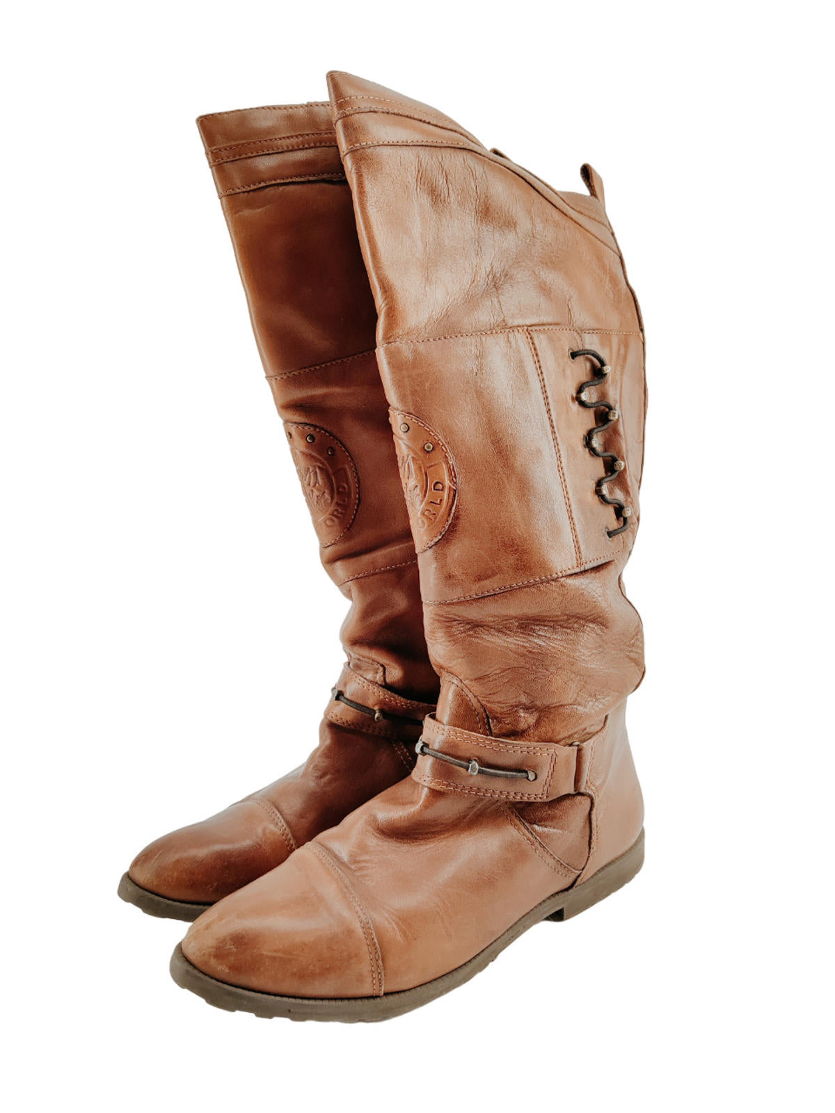 Bottes vintage Wild World en cuir marron avec détails à lacets, taille 37 femme