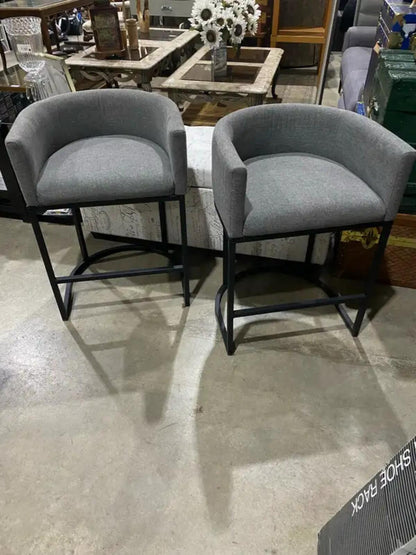 Set of 2 Grey Modern Upholstered Barrel Bar Stools
