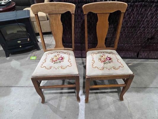 Pair Vintage Wood Chairs with Floral Needlepoint Seats