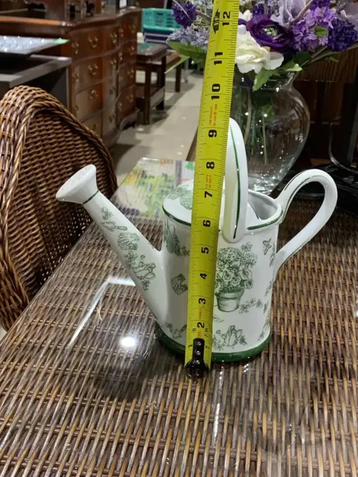 Decorative Ceramic Watering Can with green floral pattern