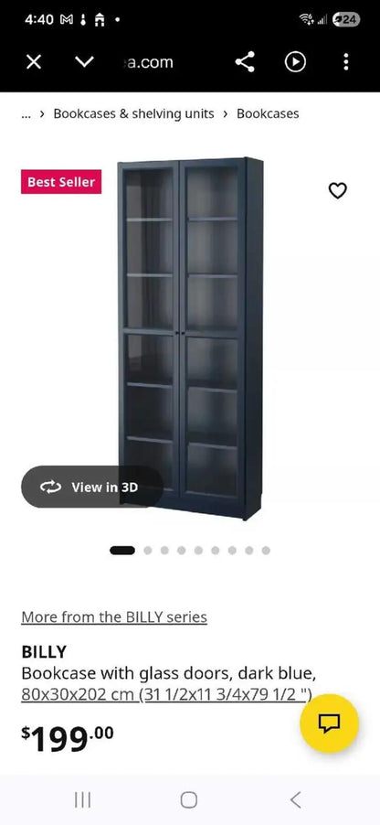 IKEA Billy Bookcase with Glass Doors - Dark Blue