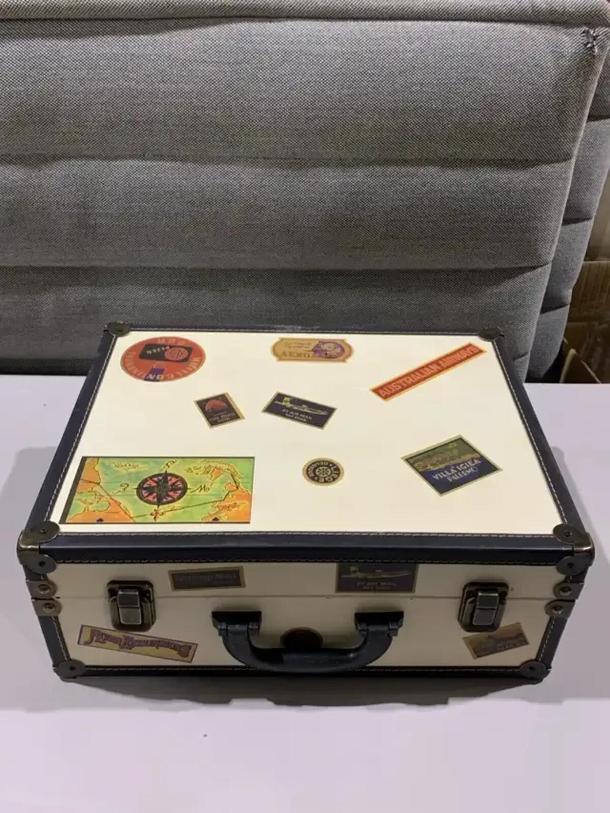 Beige Vintage Suitcase With Travel Sticker Decals