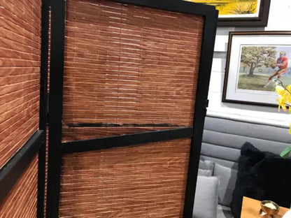 Brown Room Divider with Black Frame - Set of 3 - 9 Panels