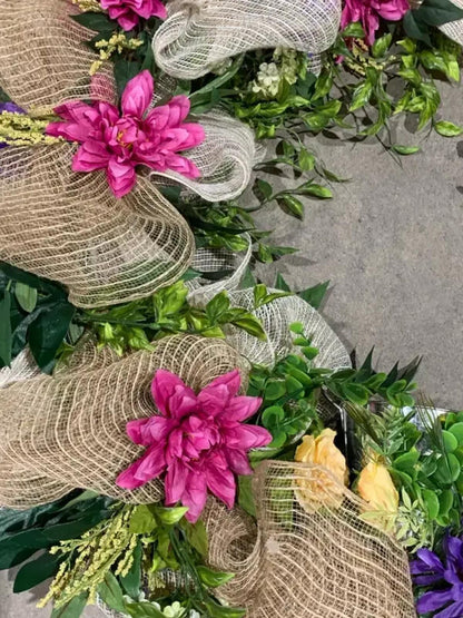 Floral Wreath with Burlap Ribbon 40”