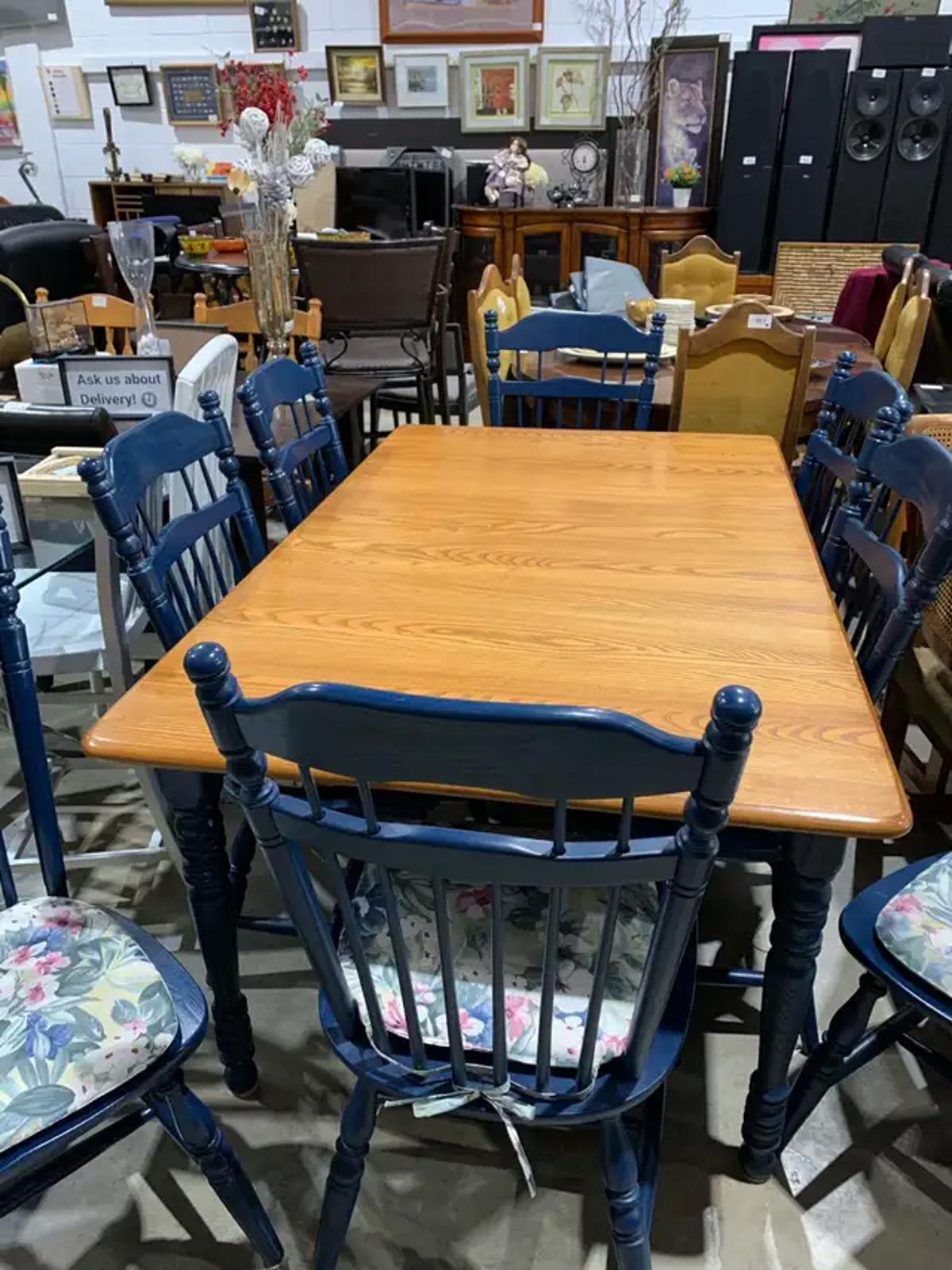 Large Wooden Dining Table and Navy Chairs (8)