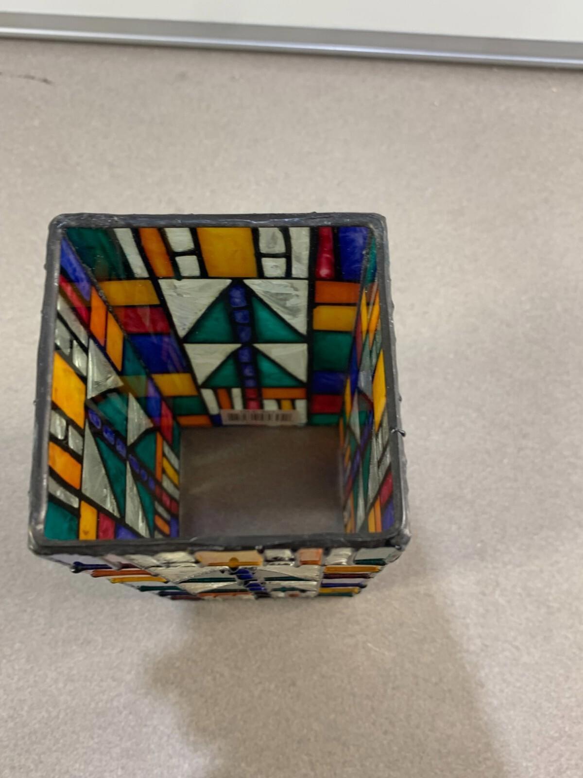VTG Stain Glass Style Painted Votive Holder in Geometric Design Red Green Blue