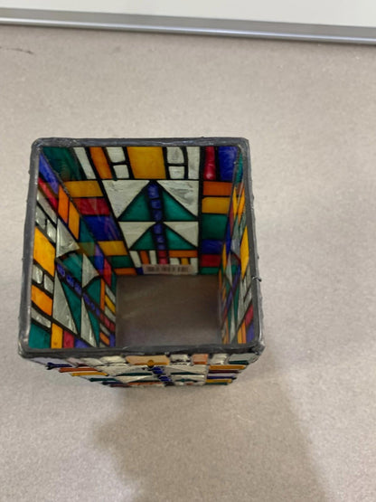 VTG Stain Glass Style Painted Votive Holder in Geometric Design Red Green Blue