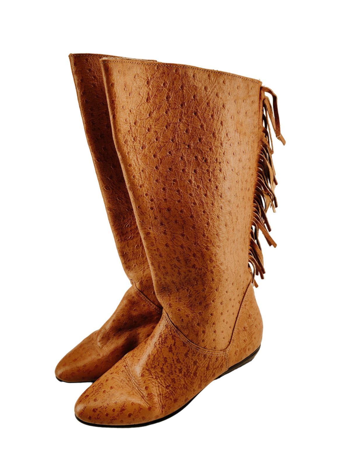 Bottes vintage à franges en cuir d'autruche couleur fauve pour femme, pointure 38