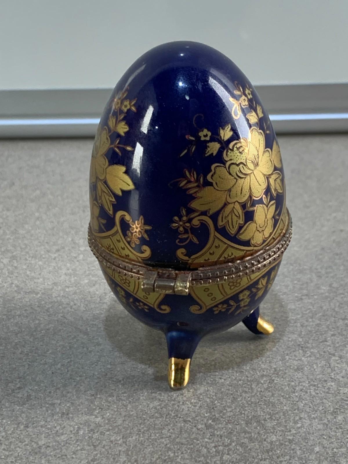 Floral AKM Vintage Porcelain Blue Egg Footed Trinket Box