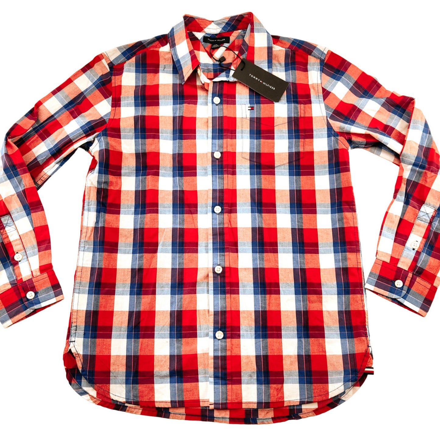 NWT Tommy Hilfiger Youth Button Down Blue and Red Plaid Shirt Size L (12-14)