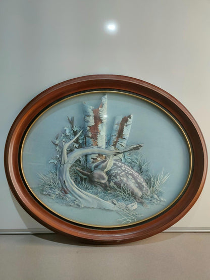 Vintage 1970's Cut Paper Diorama of Fawn in the Woods with by Harry J Moeller