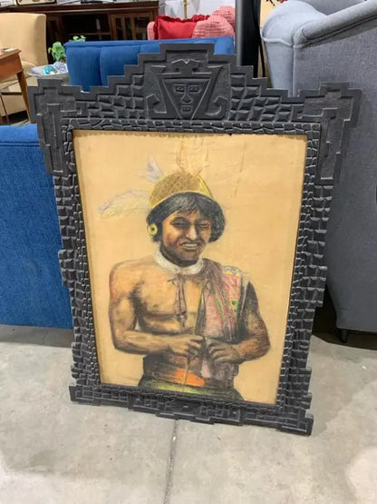 Vintage Original Pastel Portrait - Indigenous Subject in Custom
