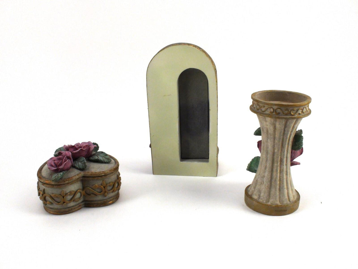 Cherison, Betty Singer "Victorian Rose" Vanity Jewelry Box 3 Piece Ceramic Set