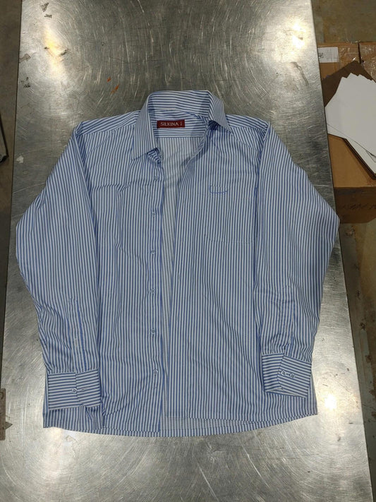 Good Condition Silkina 40cm Men's Casual Button Shirt Blue Striped Size M