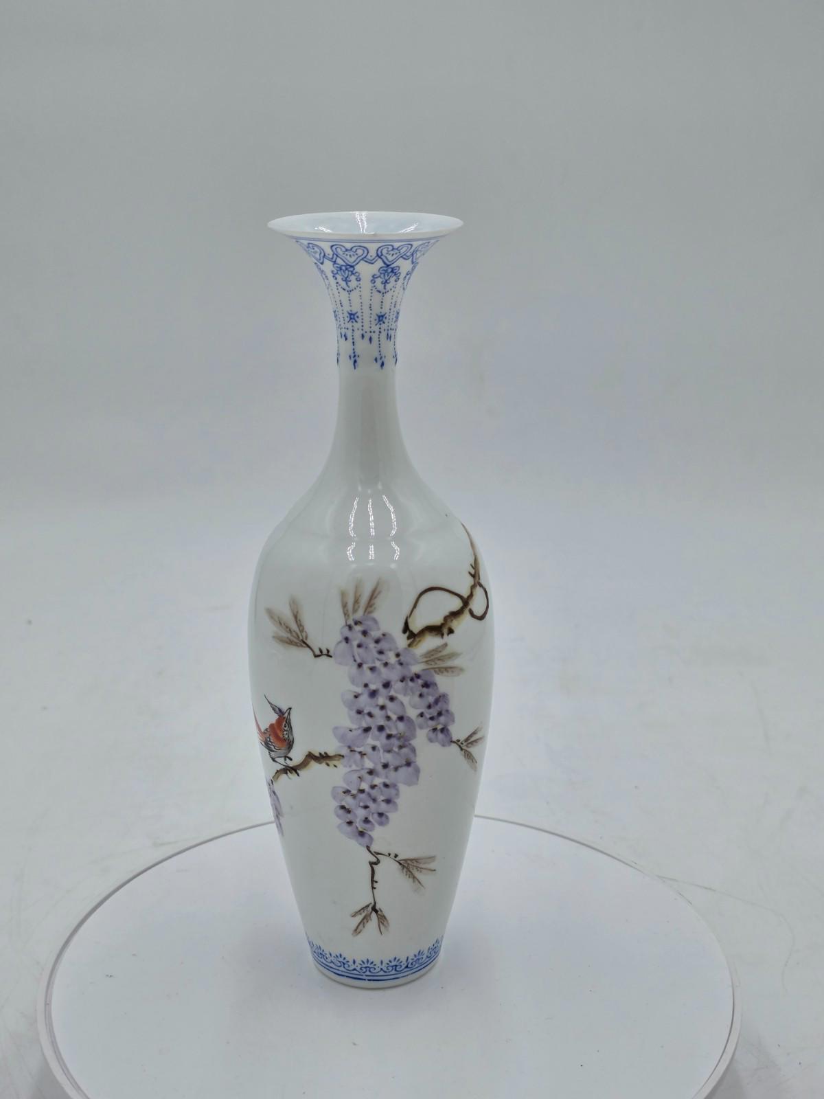 Chinese Eggshell Porcelain Vase Birds Flowers Calligraphy With Box