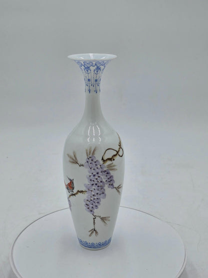 Chinese Eggshell Porcelain Vase Birds Flowers Calligraphy With Box