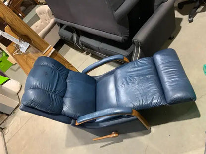 Blue Lazy-boy Leather Recliner with wooden handle